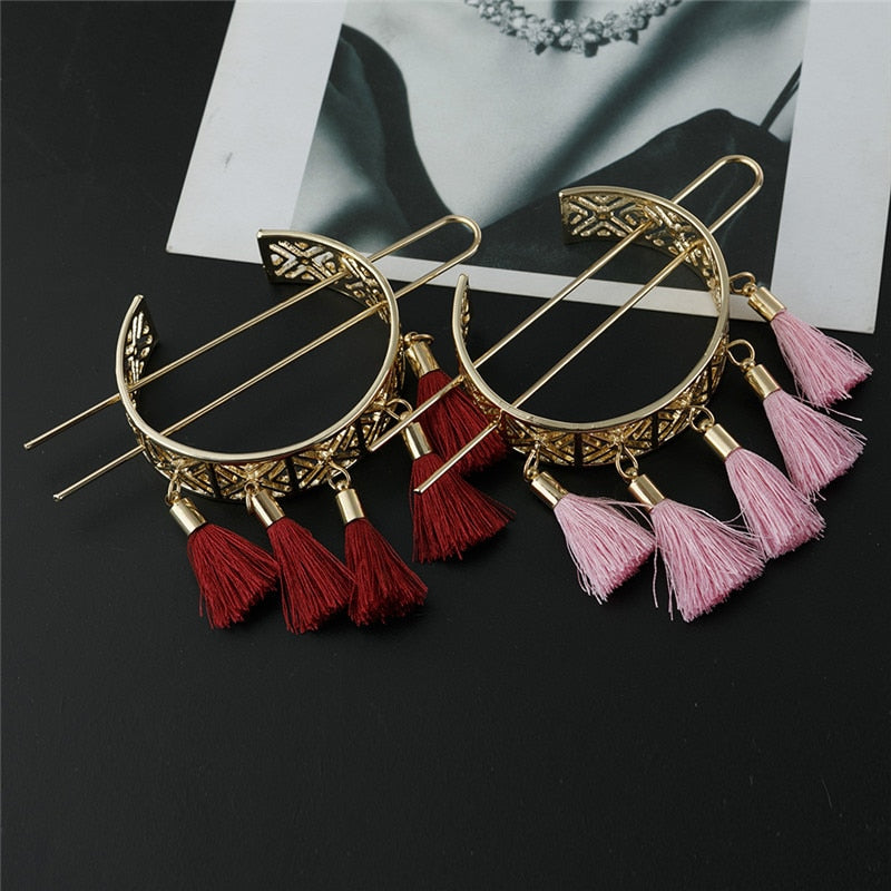 Vintage Hollow Out Red Tassel Hair Sticks for Women Fashion Jewelry Female Bridal Hair Accessories Boho Bun Golden Hair Pin - Orchid Unique
