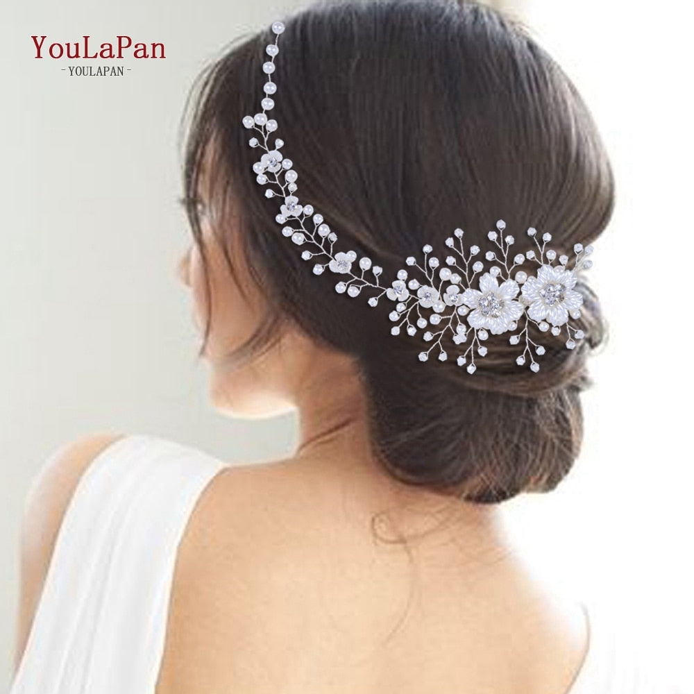 YouLaPan HP295 Flower Headwear Wedding Headband for Bride Crystal Pearls Women Tiara Bridal Headpieces Hair Jewelry Accessories - Orchid Unique