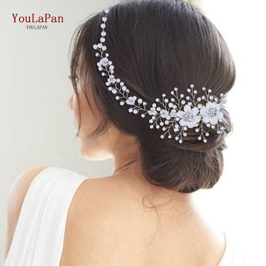 YouLaPan HP295 Flower Headwear Wedding Headband for Bride Crystal Pearls Women Tiara Bridal Headpieces Hair Jewelry Accessories - Orchid Unique