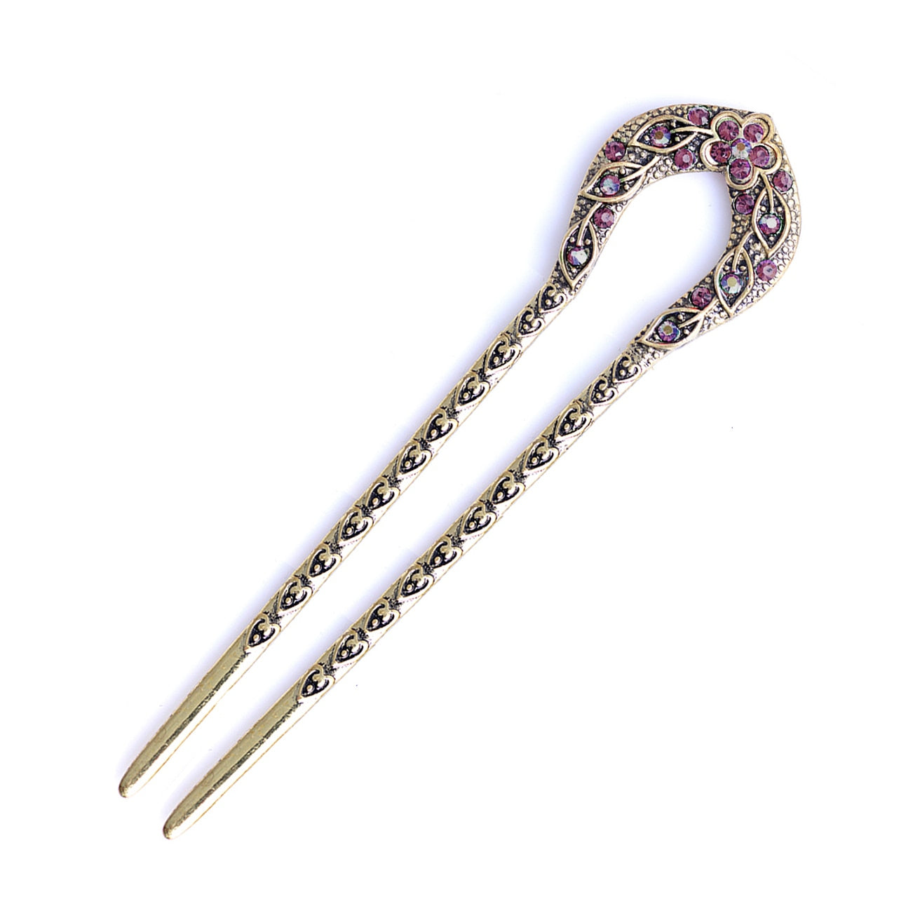 Vintage Hair Accessories Antique Bronze Plated Hairpins U shape Hair Stick Pin Women Rhinestone Flower Hair Jewelry - Orchid Unique
