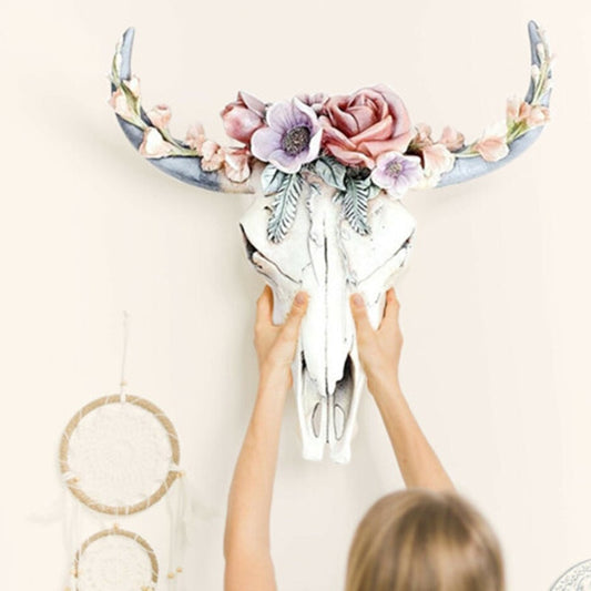 Resin Flower Cow Skull Head Wall Hanging - Orchid Unique
