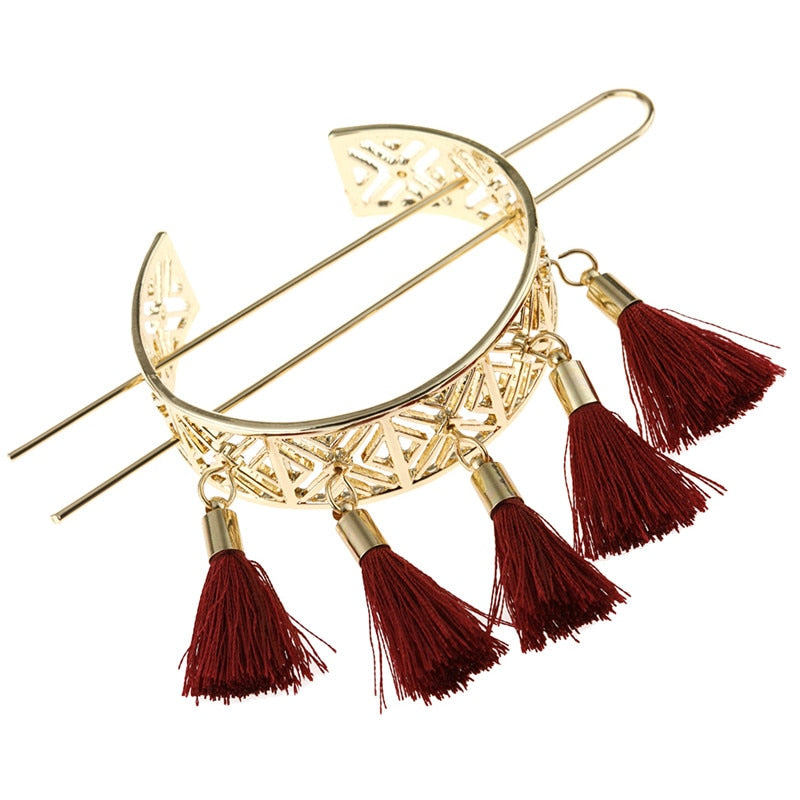 Vintage Hollow Out Red Tassel Hair Sticks for Women Fashion Jewelry Female Bridal Hair Accessories Boho Bun Golden Hair Pin - Orchid Unique