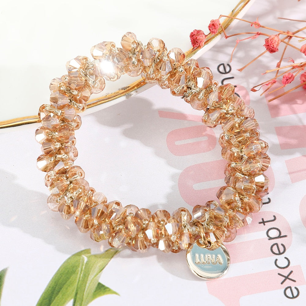 Levao Crystal Beads Hair Rope for Women Ponytail Scrunchies Elastic Hair Bands Beaded Rubber Hairband Hair Accessories - Orchid Unique