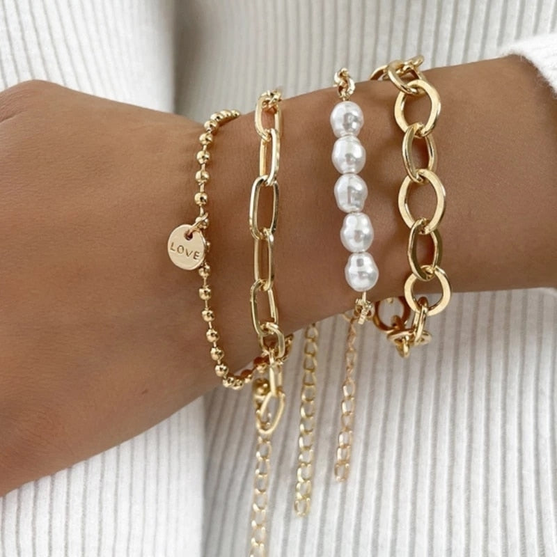 Fashion Punk Curb Cuban Chain Bracelets Set - Orchid Unique