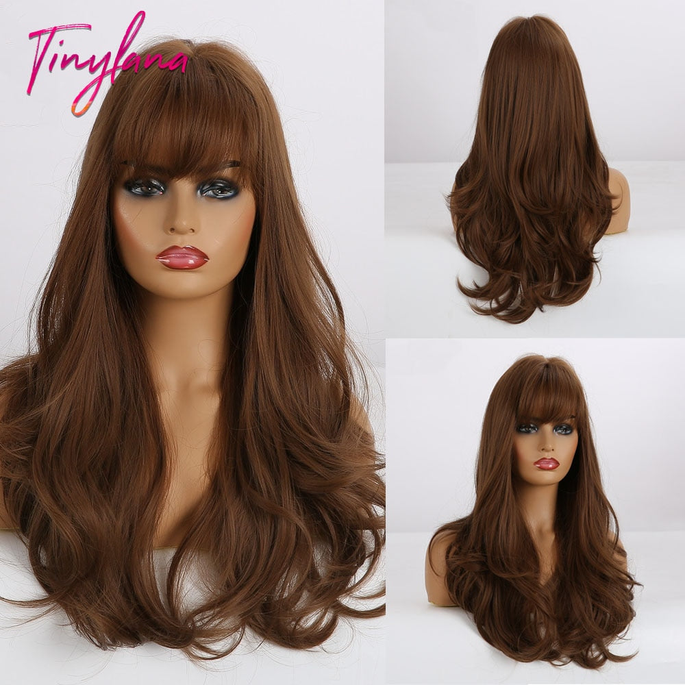 TINY LANA Natural Black Long Wavy Synthetic Wig with Bangs for Women Body Wave Dark Brown Wigs Cosplay Daily Hair Heat Resistant - Orchid Unique