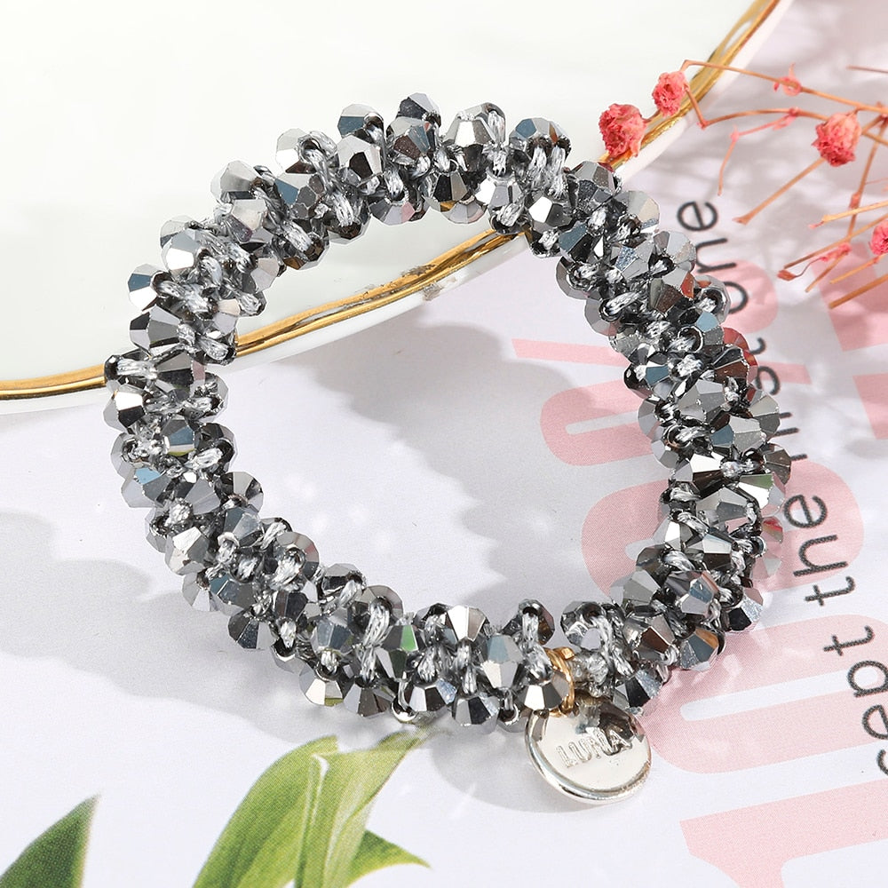 Levao Crystal Beads Hair Rope for Women Ponytail Scrunchies Elastic Hair Bands Beaded Rubber Hairband Hair Accessories - Orchid Unique