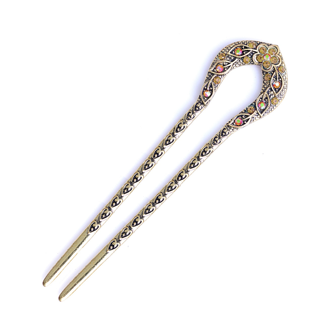 Vintage Hair Accessories Antique Bronze Plated Hairpins U shape Hair Stick Pin Women Rhinestone Flower Hair Jewelry - Orchid Unique