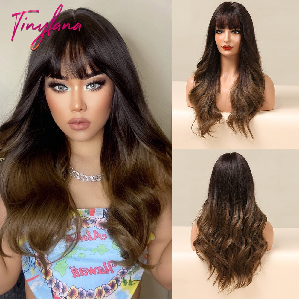 TINY LANA Natural Black Long Wavy Synthetic Wig with Bangs for Women Body Wave Dark Brown Wigs Cosplay Daily Hair Heat Resistant - Orchid Unique