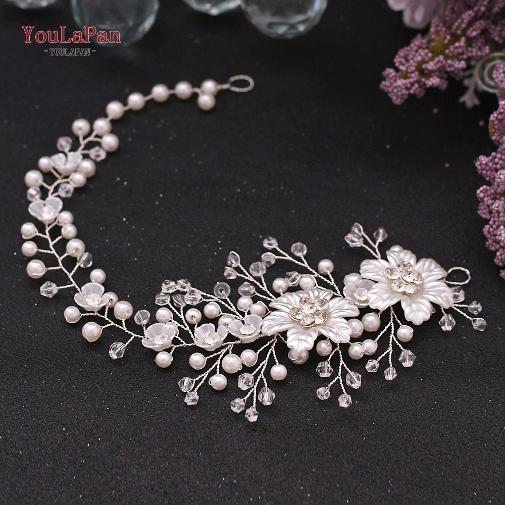 YouLaPan HP295 Flower Headwear Wedding Headband for Bride Crystal Pearls Women Tiara Bridal Headpieces Hair Jewelry Accessories - Orchid Unique