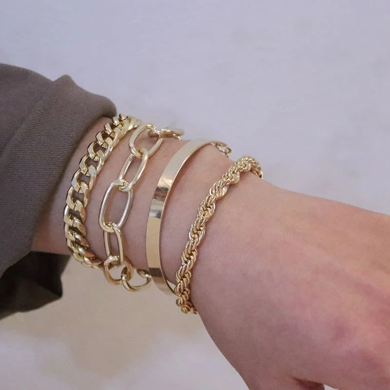 Fashion Punk Curb Cuban Chain Bracelets Set - Orchid Unique
