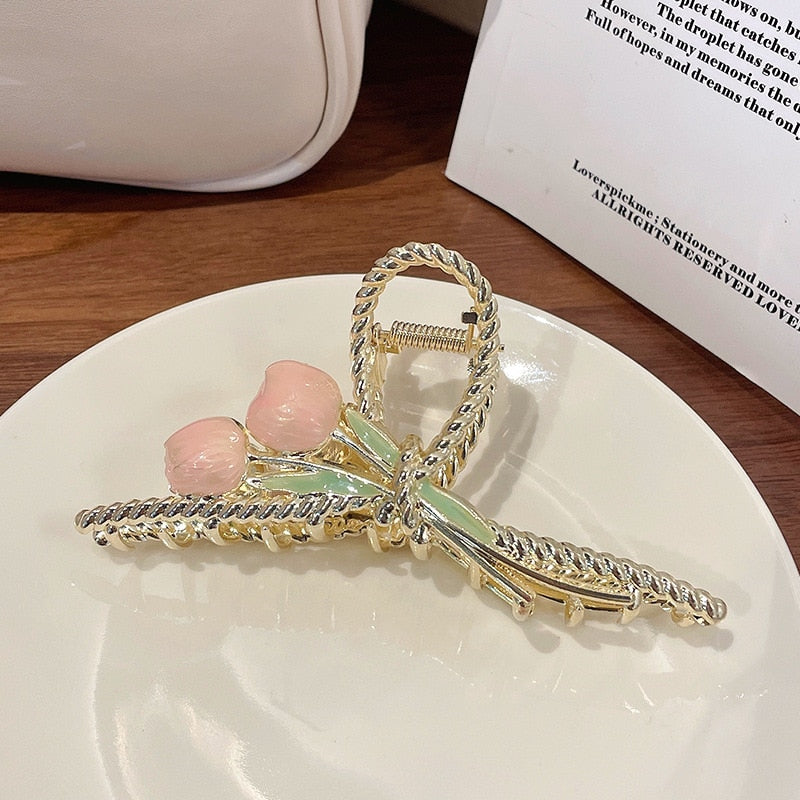 New Women Metal Hair Claw Elegant Gold Flowers Hair Clips Barrette Crab Headband Ponytail Clip Headwear hair accessories tiara - Orchid Unique