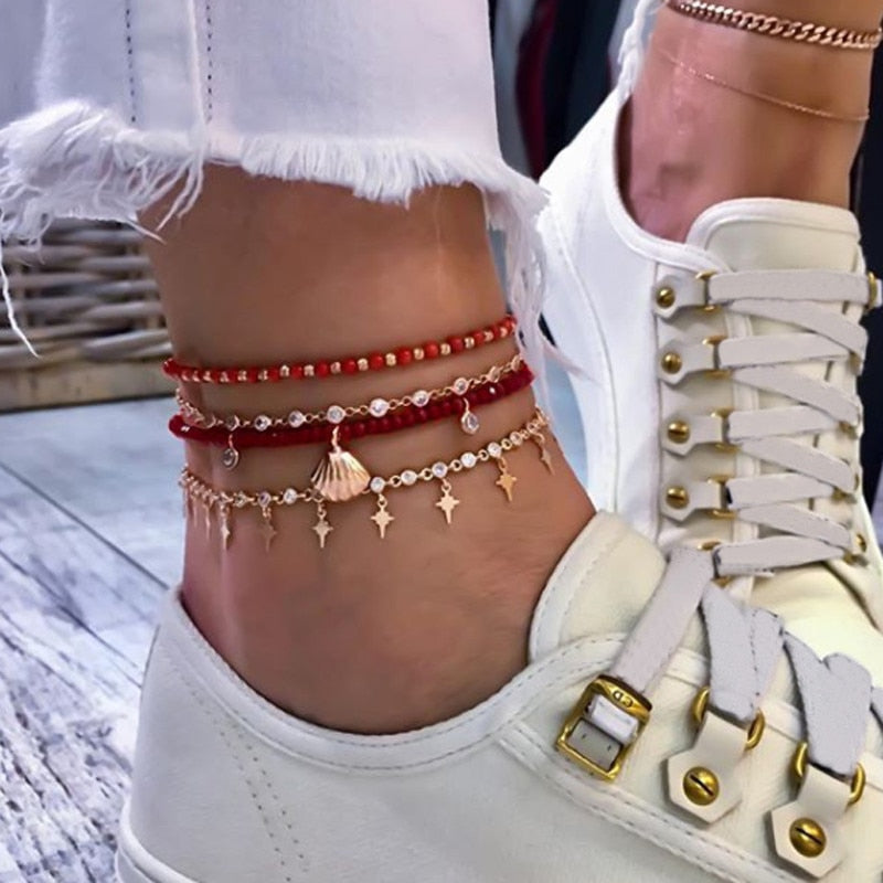 Tocona Layered Gold Shell Pendant Chain Ankle Bracelet - Orchid Unique