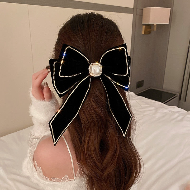 Korean Velvet Bow Hair Pins Fabric Rhinestone Pearl Hair Clips for Women Luxulry Jewelry Spring Clip Gils Hair Accessories - Orchid Unique