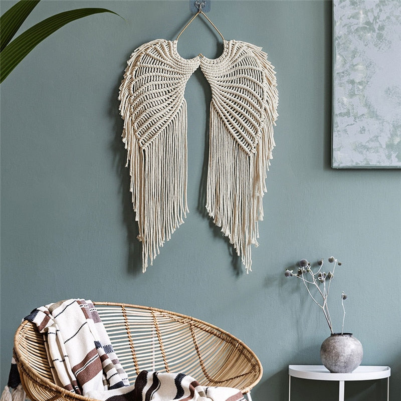 Boho Macrame Dreamcatcher Wall Tapestry with Angel Wing Design - Orchid Unique