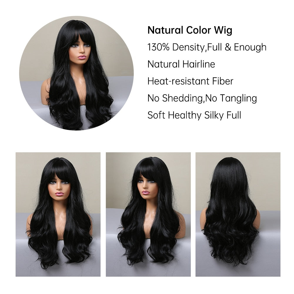 TINY LANA Natural Black Long Wavy Synthetic Wig with Bangs for Women Body Wave Dark Brown Wigs Cosplay Daily Hair Heat Resistant - Orchid Unique