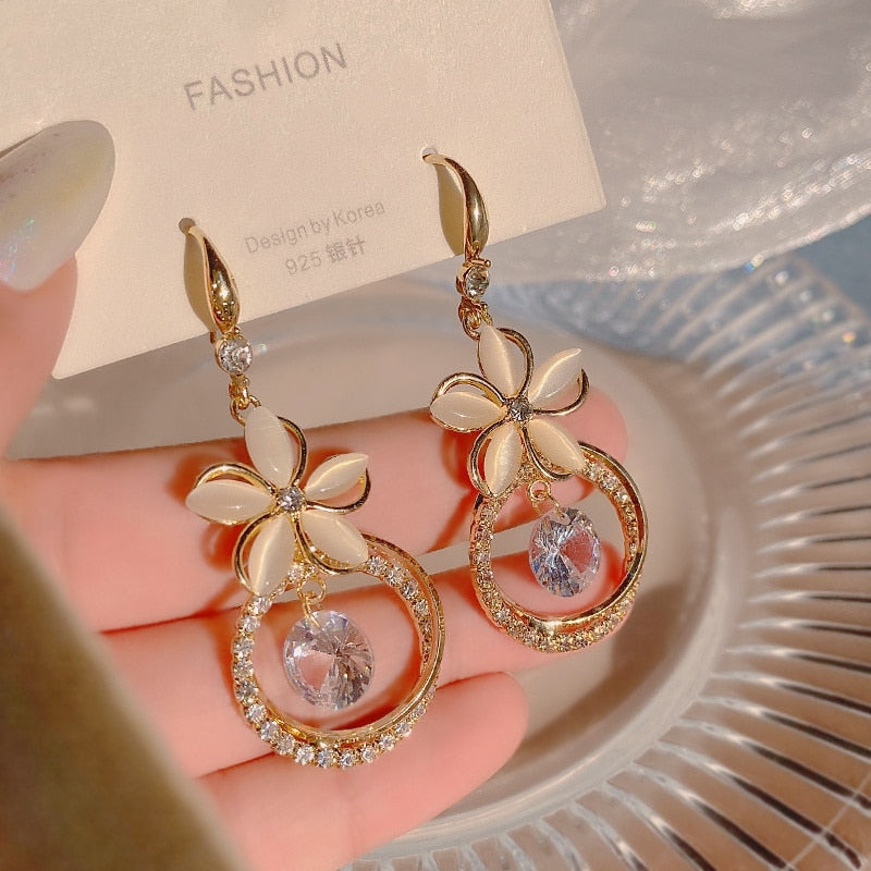 Crystal  Flower Pendant Earrings - Orchid Unique