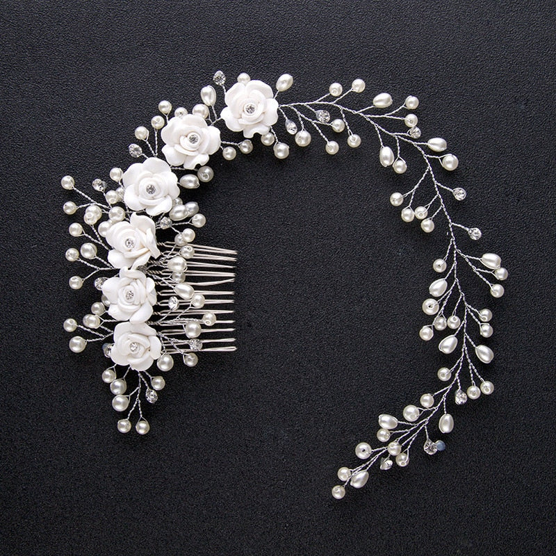 Bridal Wedding Crystal Bride Hair Accessories Pearl Flower Headband Handmade Hairband Beads Decoration Hair Comb For Women - Orchid Unique