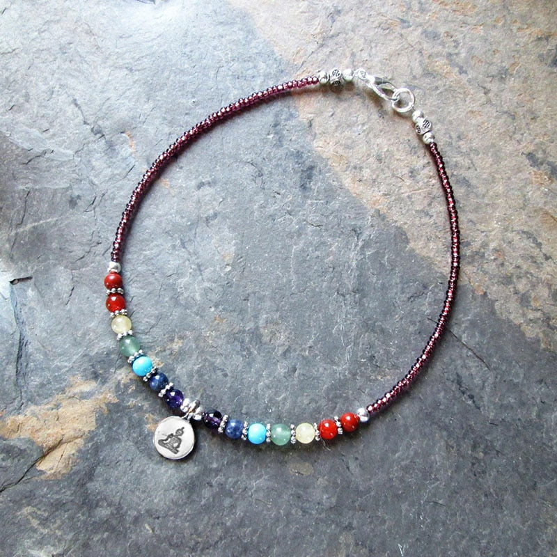 Chakra Gemstone & Lotus Charm Anklet - Orchid Unique