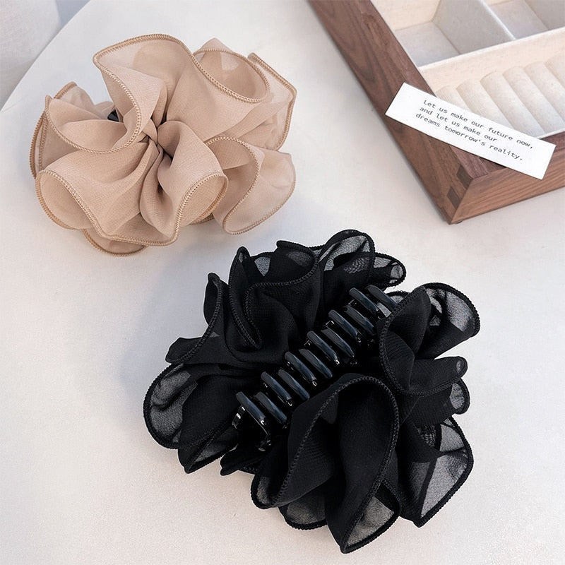New Large Chiffon Claw Clip Hair Bow Large Size Black Fabric Ribbon Flower Rose Claw Jaw Clamps Clips Accessories for Women - Orchid Unique