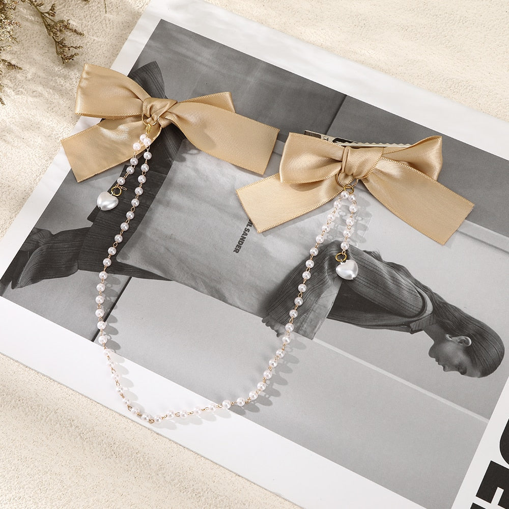 Vintage Bow Pearl Chain Hairpins - Orchid Unique