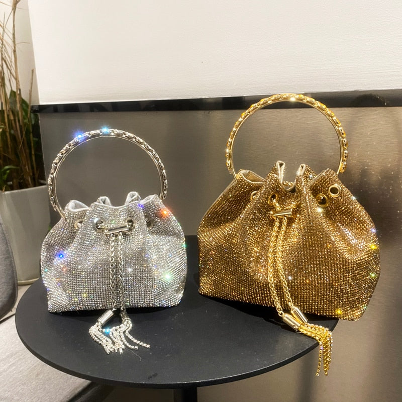 purses and handbags bags for women luxury Designer bucket clutch purse evening banquet bag Crystal rhinestone shoulder bag - Orchid Unique