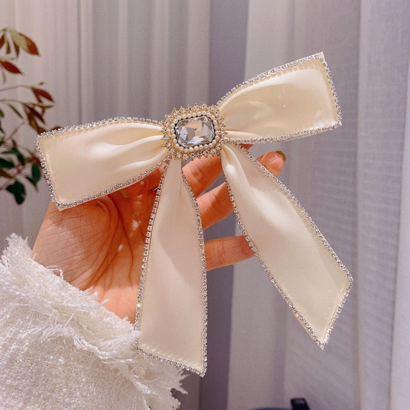 Korean Velvet Bow Hair Pins Fabric Rhinestone Pearl Hair Clips for Women Luxulry Jewelry Spring Clip Gils Hair Accessories - Orchid Unique