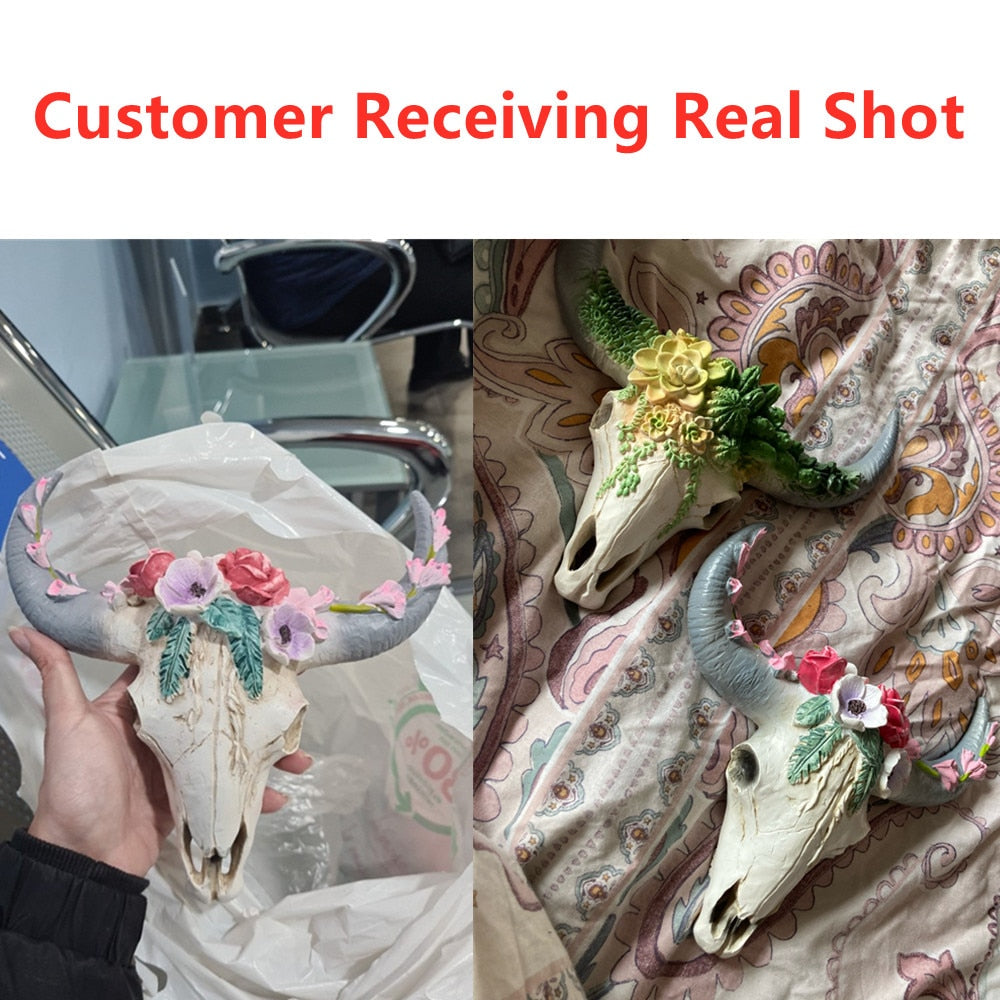 Resin Flower Cow Skull Head Wall Hanging - Orchid Unique