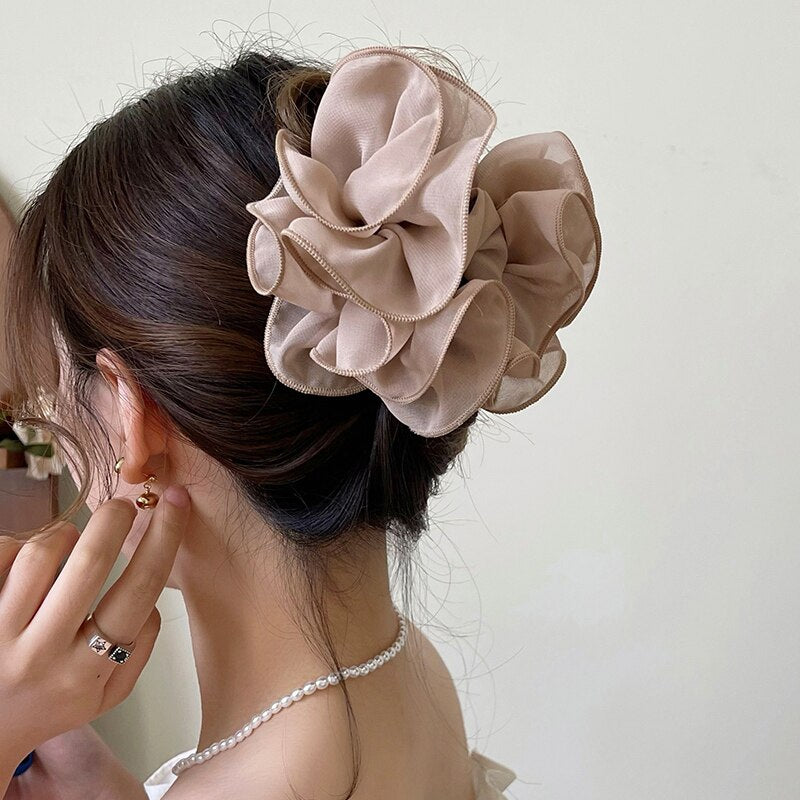 New Large Chiffon Claw Clip Hair Bow Large Size Black Fabric Ribbon Flower Rose Claw Jaw Clamps Clips Accessories for Women - Orchid Unique
