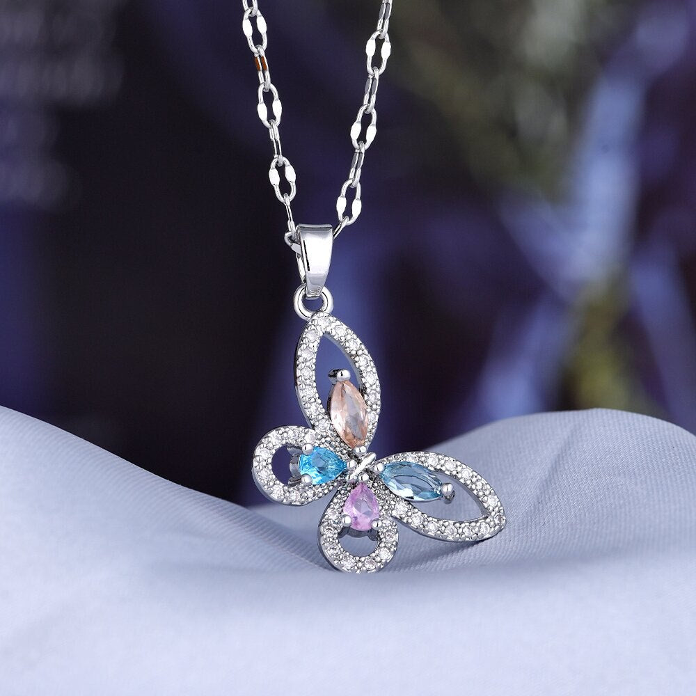 Double Butterfly Necklace Pendant Set - Orchid Unique