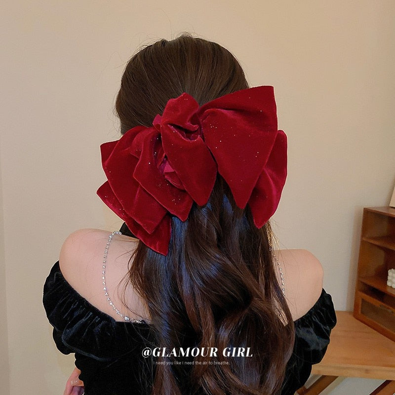 Korean Velvet Bow Hair Pins Fabric Rhinestone Pearl Hair Clips for Women Luxulry Jewelry Spring Clip Gils Hair Accessories - Orchid Unique