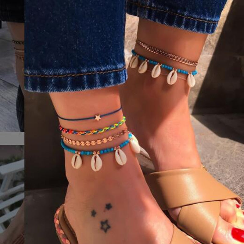 Tocona Layered Gold Shell Pendant Chain Ankle Bracelet - Orchid Unique