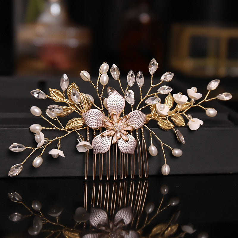 Rhinestone Bridal Hair Comb Pearl Tiaras - Orchid Unique