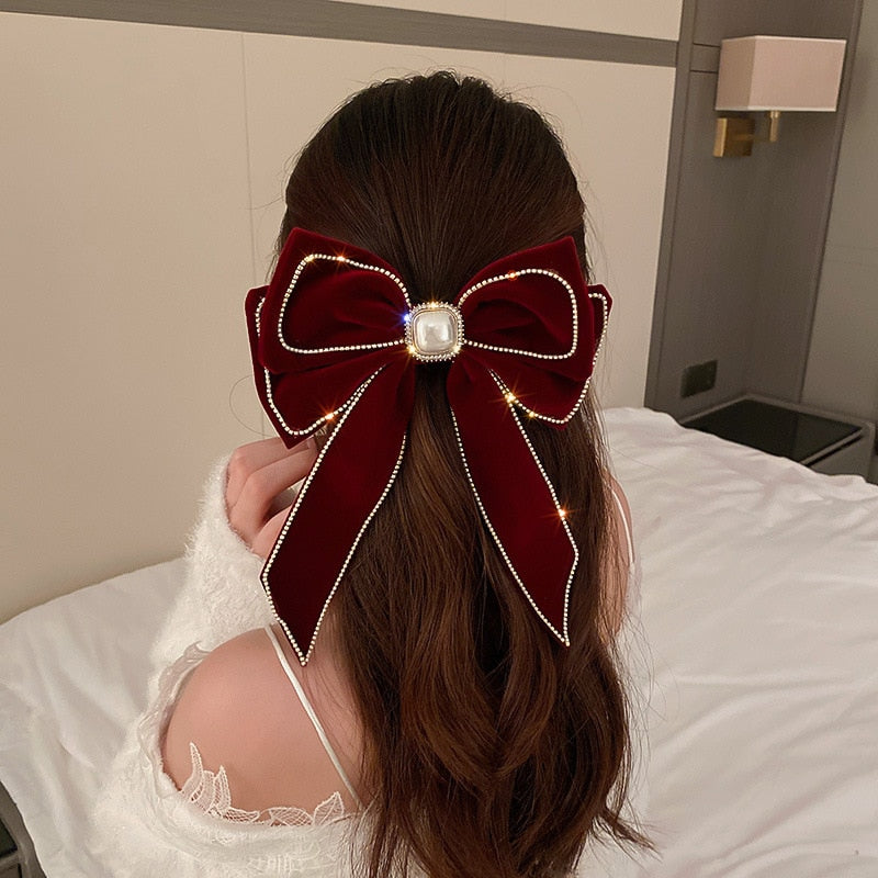 Korean Velvet Bow Hair Pins Fabric Rhinestone Pearl Hair Clips for Women Luxulry Jewelry Spring Clip Gils Hair Accessories - Orchid Unique