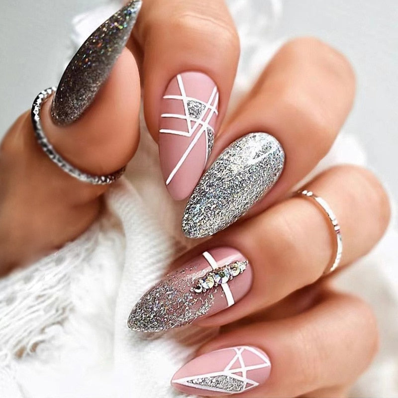 Almond Rhinestone False Nails - Orchid Unique