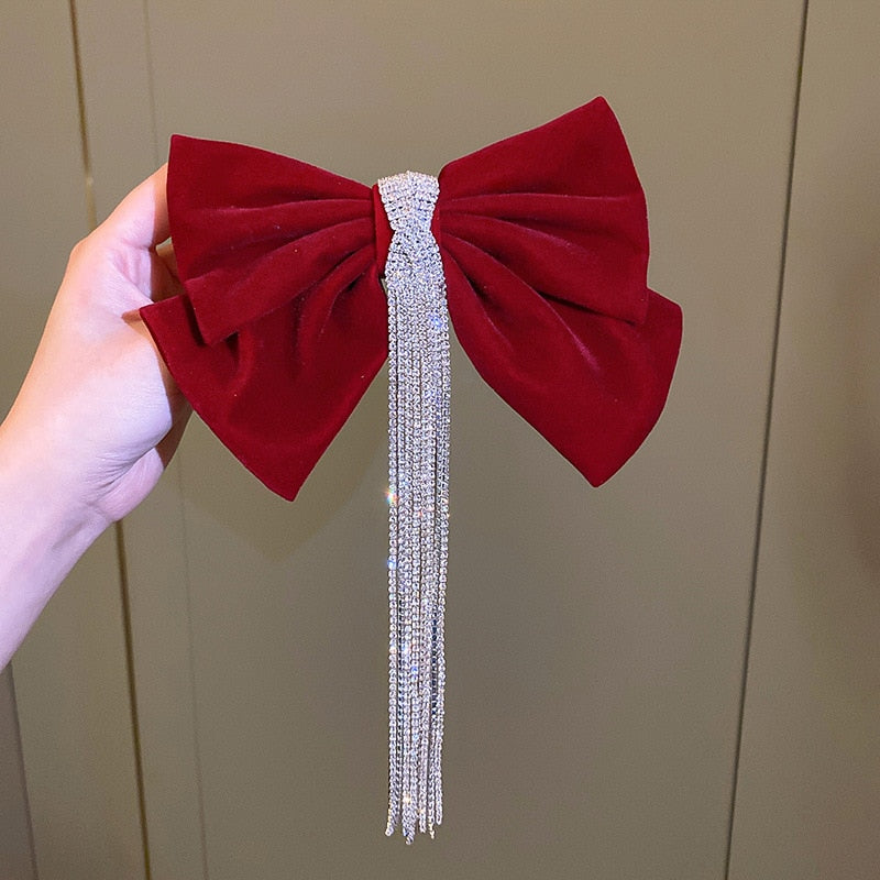 Korean Velvet Bow Hair Pins Fabric Rhinestone Pearl Hair Clips for Women Luxulry Jewelry Spring Clip Gils Hair Accessories - Orchid Unique