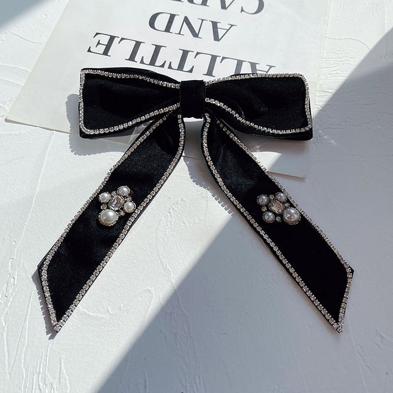 Korean Velvet Bow Hair Pins Fabric Rhinestone Pearl Hair Clips for Women Luxulry Jewelry Spring Clip Gils Hair Accessories - Orchid Unique