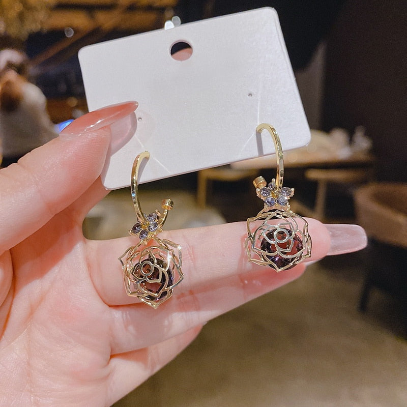 Crystal  Flower Pendant Earrings - Orchid Unique
