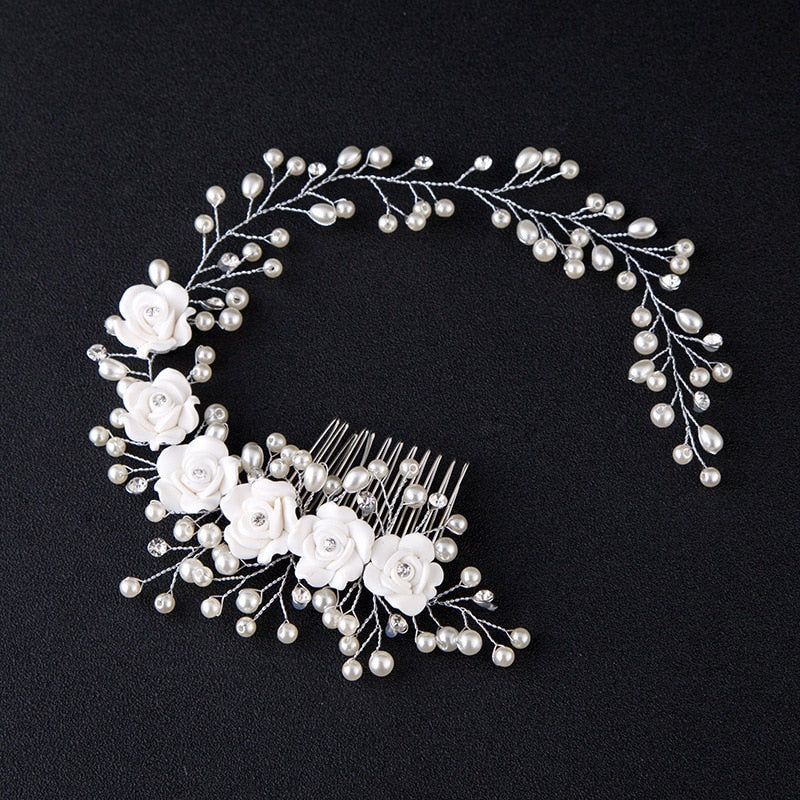 Bridal Wedding Crystal Bride Hair Accessories Pearl Flower Headband Handmade Hairband Beads Decoration Hair Comb For Women - Orchid Unique