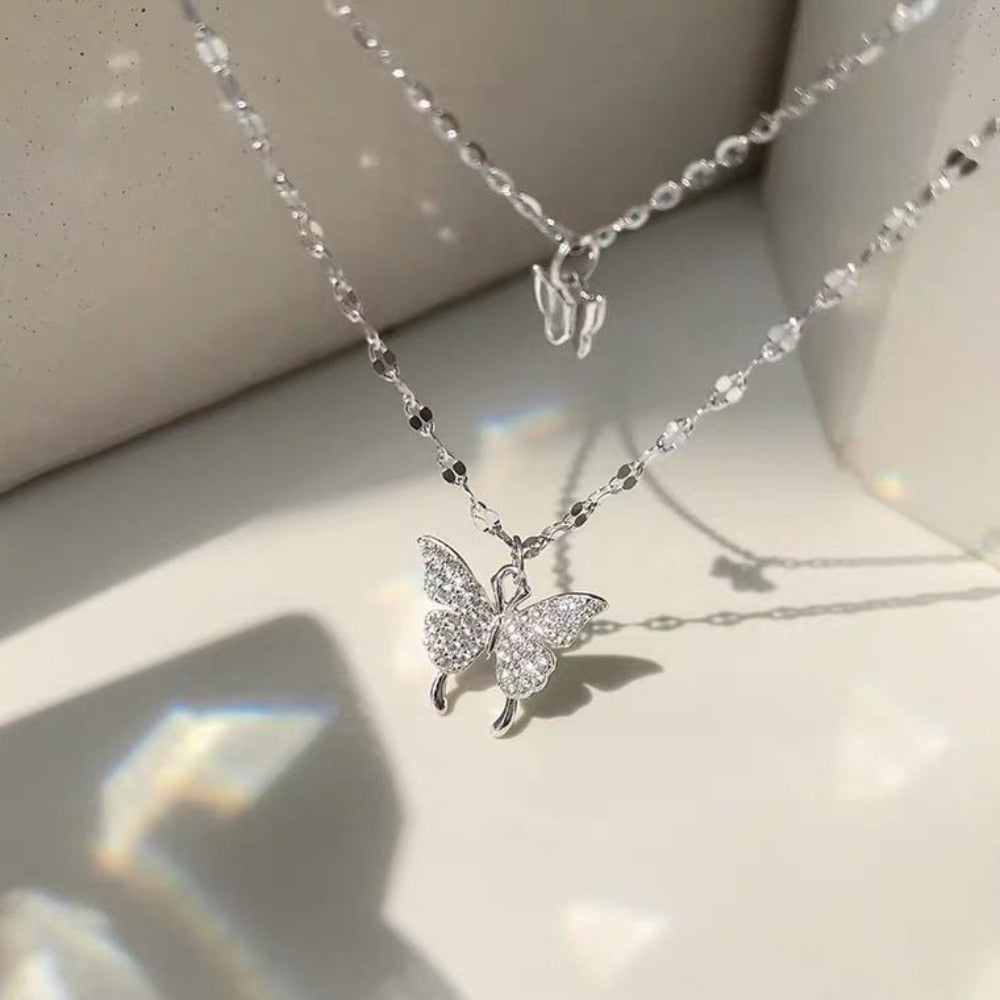 Double Butterfly Necklace Pendant Set - Orchid Unique