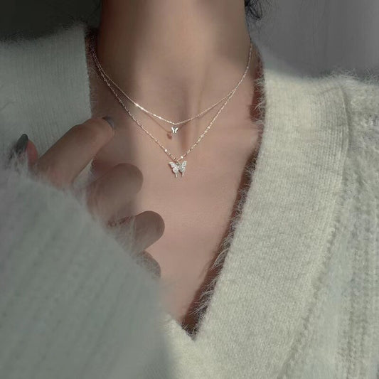 Double Butterfly Necklace Pendant Set - Orchid Unique