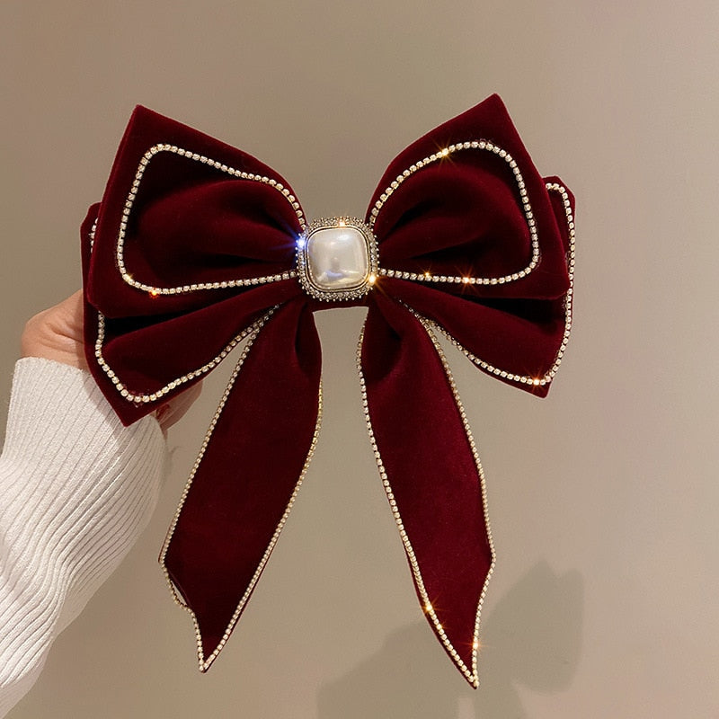 Korean Velvet Bow Hair Pins Fabric Rhinestone Pearl Hair Clips for Women Luxulry Jewelry Spring Clip Gils Hair Accessories - Orchid Unique