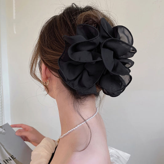 New Large Chiffon Claw Clip Hair Bow Large Size Black Fabric Ribbon Flower Rose Claw Jaw Clamps Clips Accessories for Women - Orchid Unique