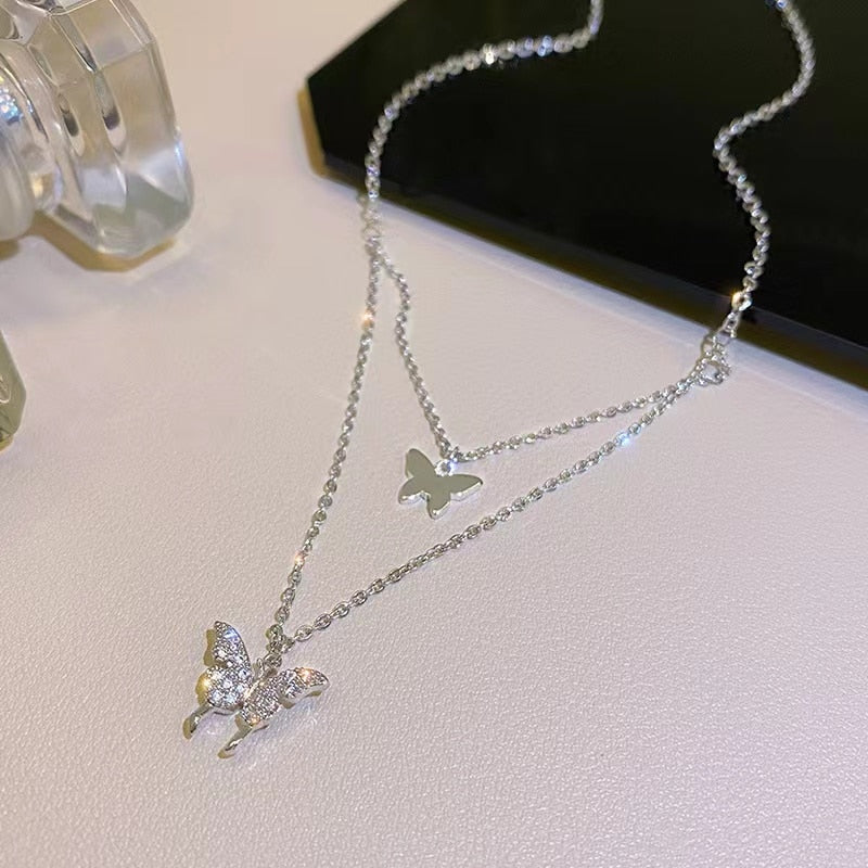 Double Butterfly Necklace Pendant Set - Orchid Unique