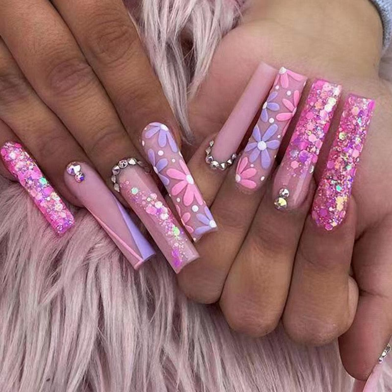 Long Coffin False Nails - Orchid Unique