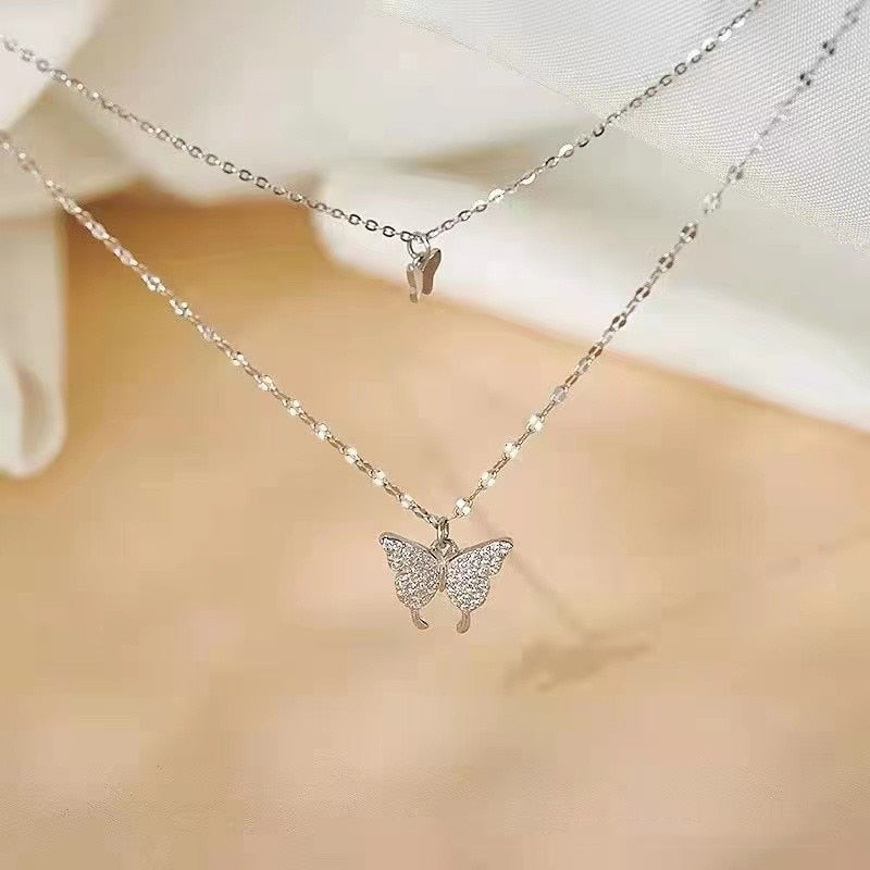 Double Butterfly Necklace Pendant Set - Orchid Unique