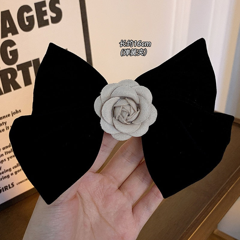 New Black Velvet Bow Hair Pins Elegant Fabric Alloy Roses Hair Clips for Women Fashion ponytail Barrette Heawear Accessories - Orchid Unique