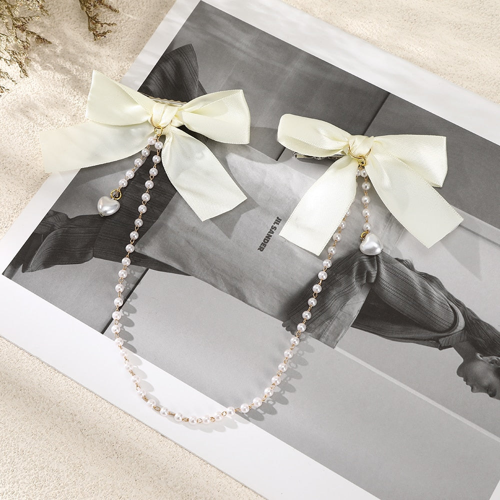 Vintage Bow Pearl Chain Hairpins - Orchid Unique