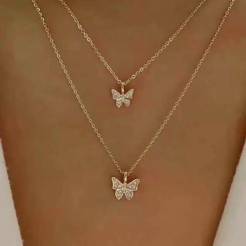 Double Butterfly Necklace Pendant Set - Orchid Unique
