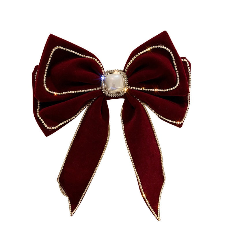 Korean Velvet Bow Hair Pins Fabric Rhinestone Pearl Hair Clips for Women Luxulry Jewelry Spring Clip Gils Hair Accessories - Orchid Unique