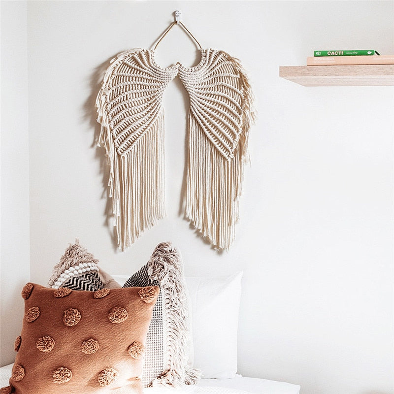 Boho Macrame Dreamcatcher Wall Tapestry with Angel Wing Design - Orchid Unique